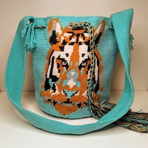 Wayuu Columbian Hand Woven Shoulder Bag Crossbody Tiger Teal Blue Green Large